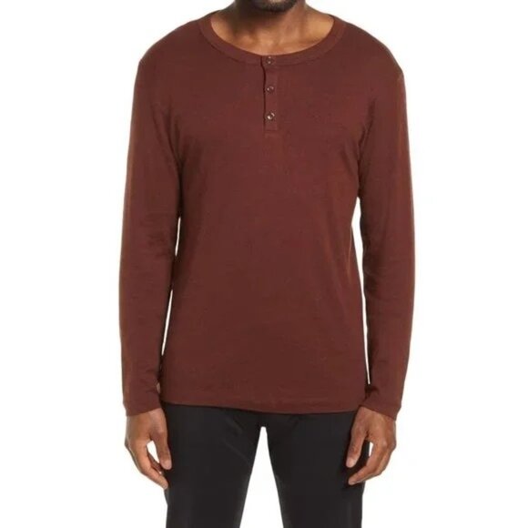 Theory Mens Henley Long Sleeve Shirt M Brown Cotton Blend - Picture 1 of 5